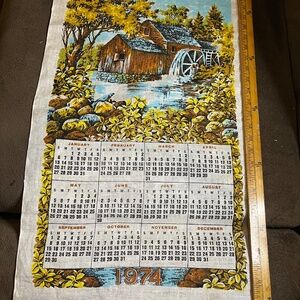 1974 Vintage Linen Calendar Tea/Kitchen Towel Old Country Mill Wall Art 29x17”